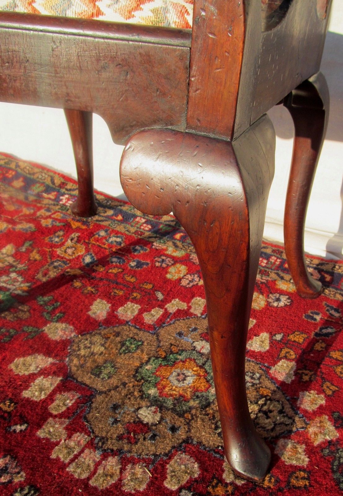 EXCEPTIONAL QUEEN ARM CARVED ARM CHAIR IN BURLED WALNUT WITH SLIPPER FEET-LOOK!