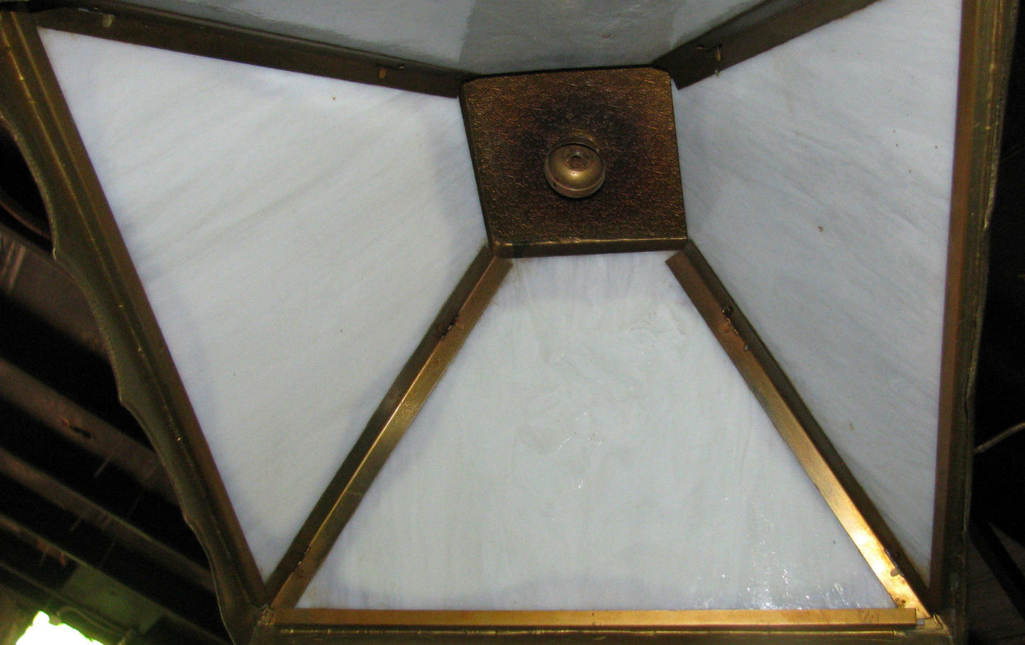 ARTS & CRAFTS PERIOD METAL & SLAG GLASS PANEL CHANDELIER W/ORIGINAL CHAIN