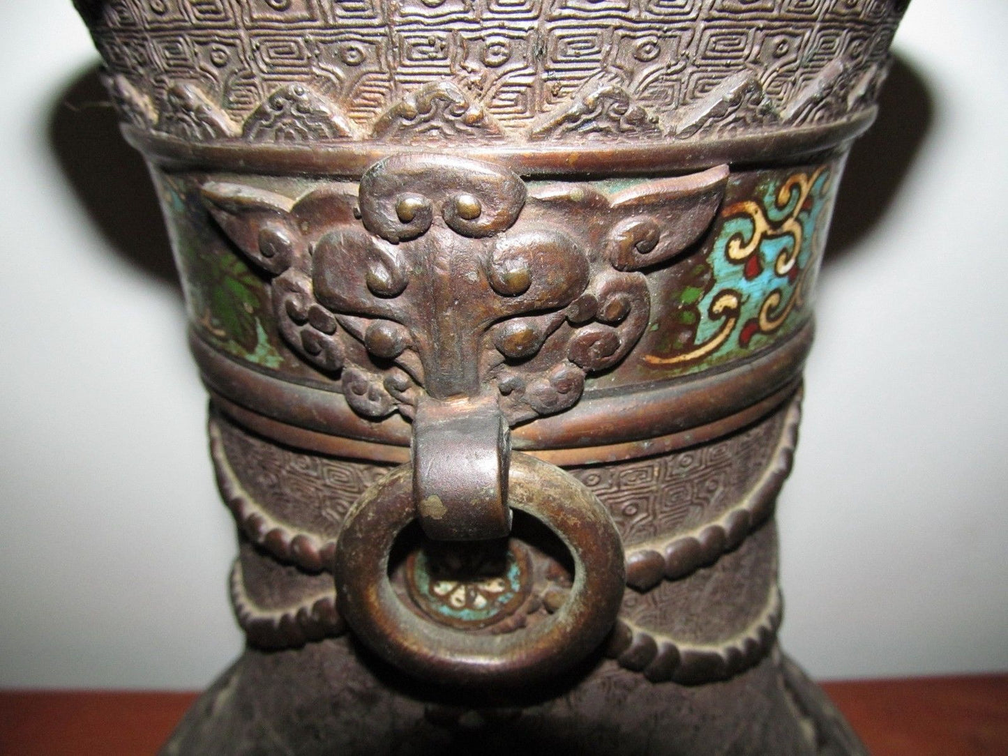 ANTIQUE CHINESE BRONZE & CHAMPLEVE LAMP WITH RING MOUNTS-EXCELLENT SPECIMEN!