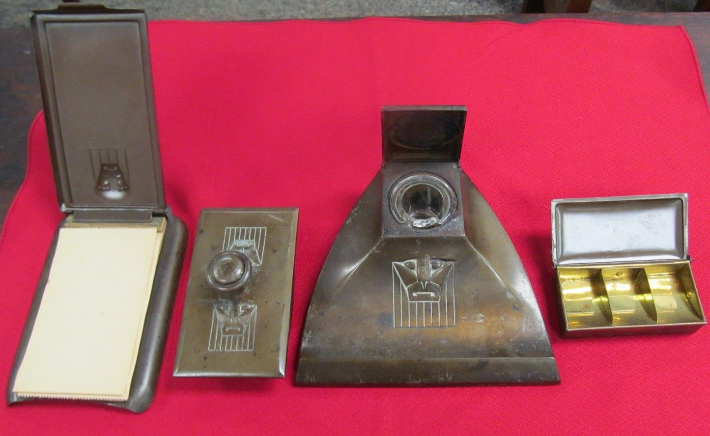 4 PC ART DECO AUSTRIAN DESK SET SIGNED GETSCHITZT - WONDERFUL