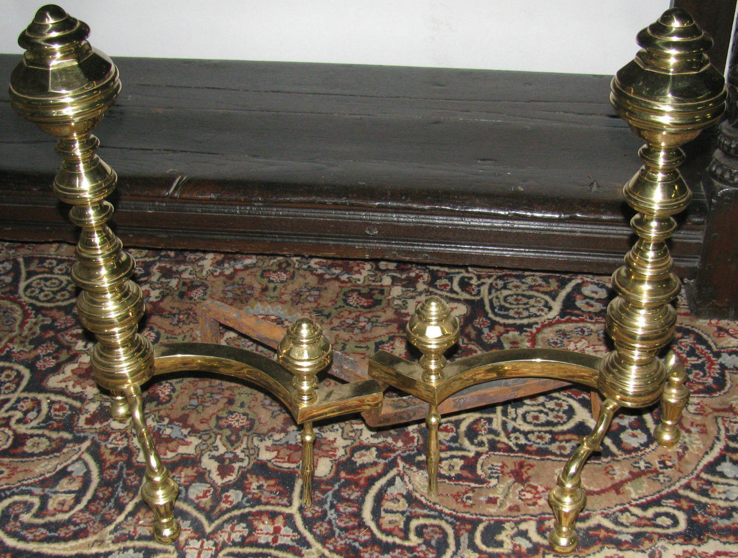 PAIR OF CHIPPENDALE STYLE BRASS ANDIRONS ON BALL FEET - EXCEPTIONAL