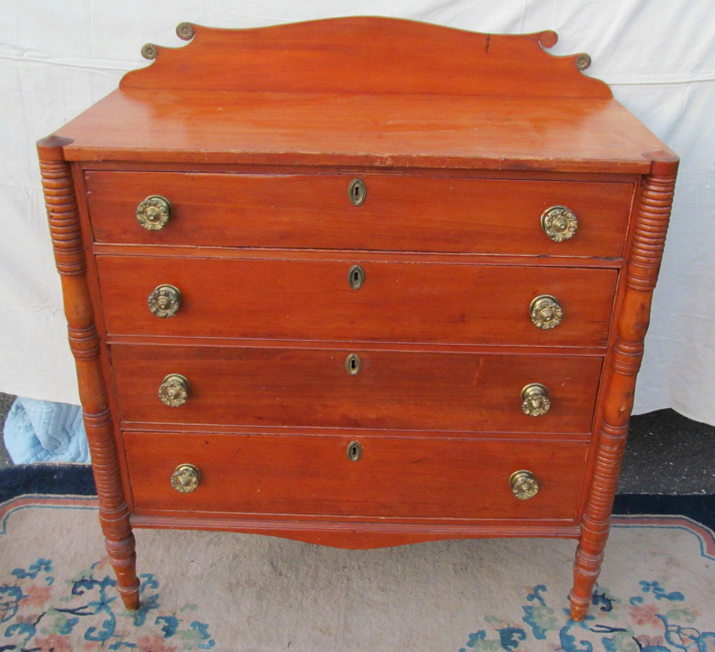 FINE 1790 SHERATON PINE & MAPLE DRESSER W/RING TURNED COLUMNS N.H. EXCEPTIONAL!