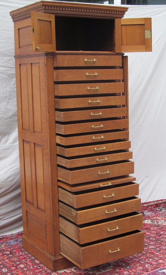 14 DRAWER OAK RAISED PANELED LOCKSIDE JEWELERS CABINET - THE ABSOLUTE FINEST!!! - Bay Colony Antiques File Cabinet