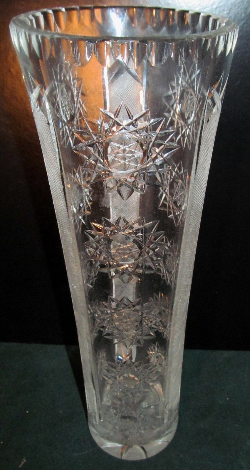 15" CUT WITH ETCHED PANEL CYLINDRICAL LEADED CRYSTAL VASE - Bay Colony Antiques Art Glass