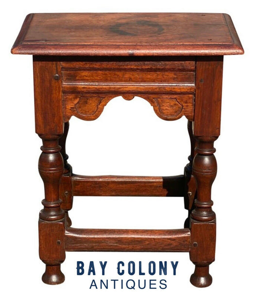 17TH C ANTIQUE OAK CARVED JOINT STOOL - Bay Colony Antiques Antiques:Furniture:Benches & Stools