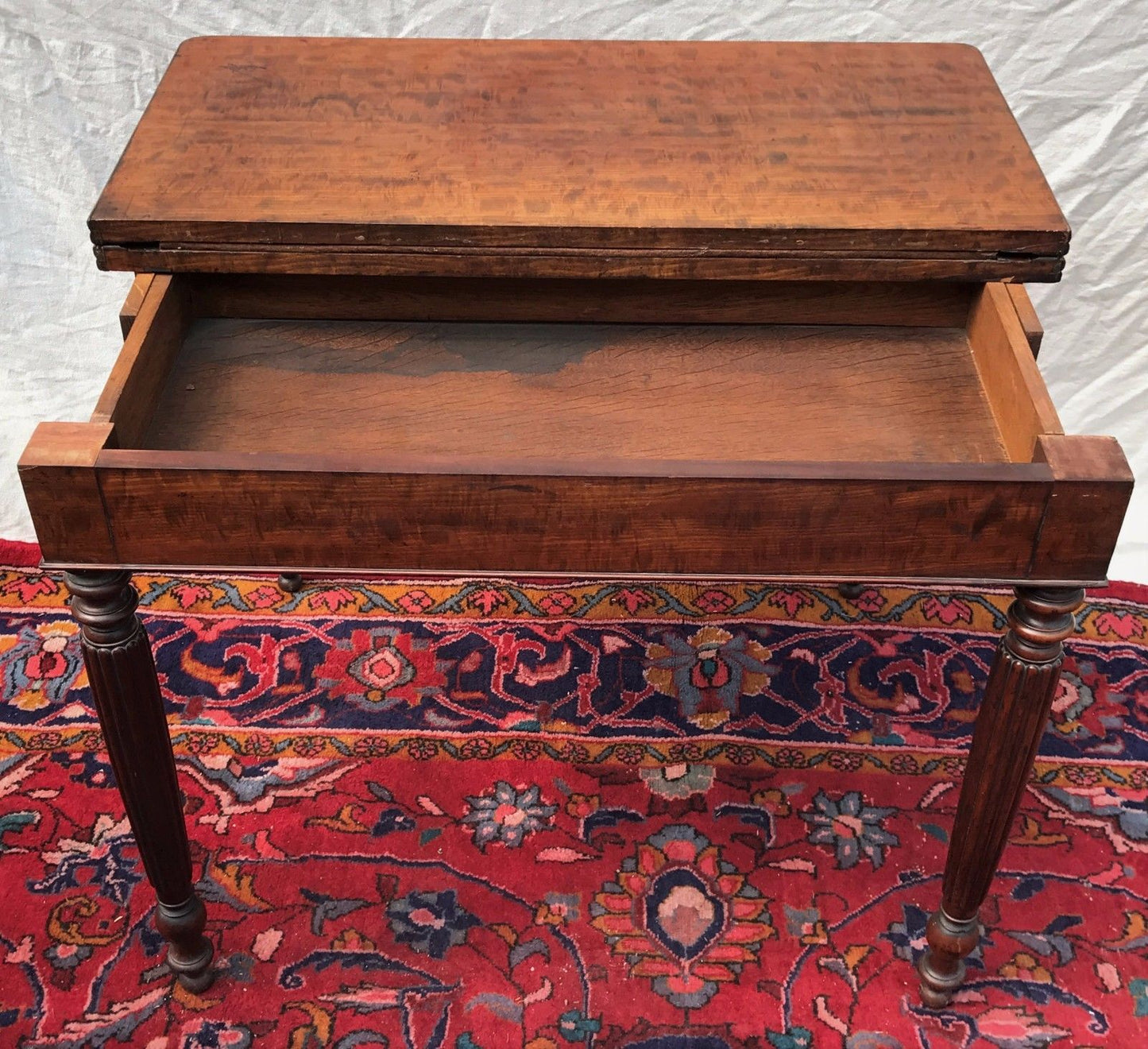 1810'S SHERATON CARD TABLE IN FIDDLEBACK MAHOGANY WITH HIDDEN DRAWER - Bay Colony Antiques Antiques:Furniture:Tables:1800 - 1899