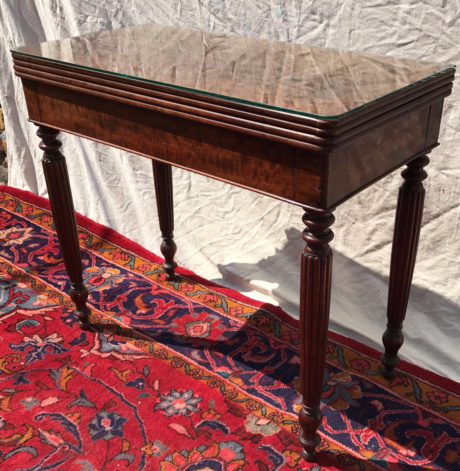 1810'S SHERATON CARD TABLE IN FIDDLEBACK MAHOGANY WITH HIDDEN DRAWER - Bay Colony Antiques Antiques:Furniture:Tables:1800 - 1899