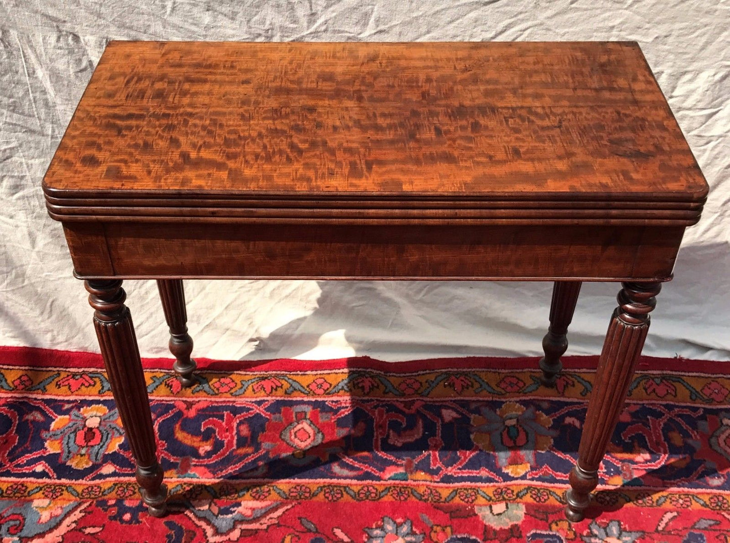 1810'S SHERATON CARD TABLE IN FIDDLEBACK MAHOGANY WITH HIDDEN DRAWER - Bay Colony Antiques Antiques:Furniture:Tables:1800 - 1899