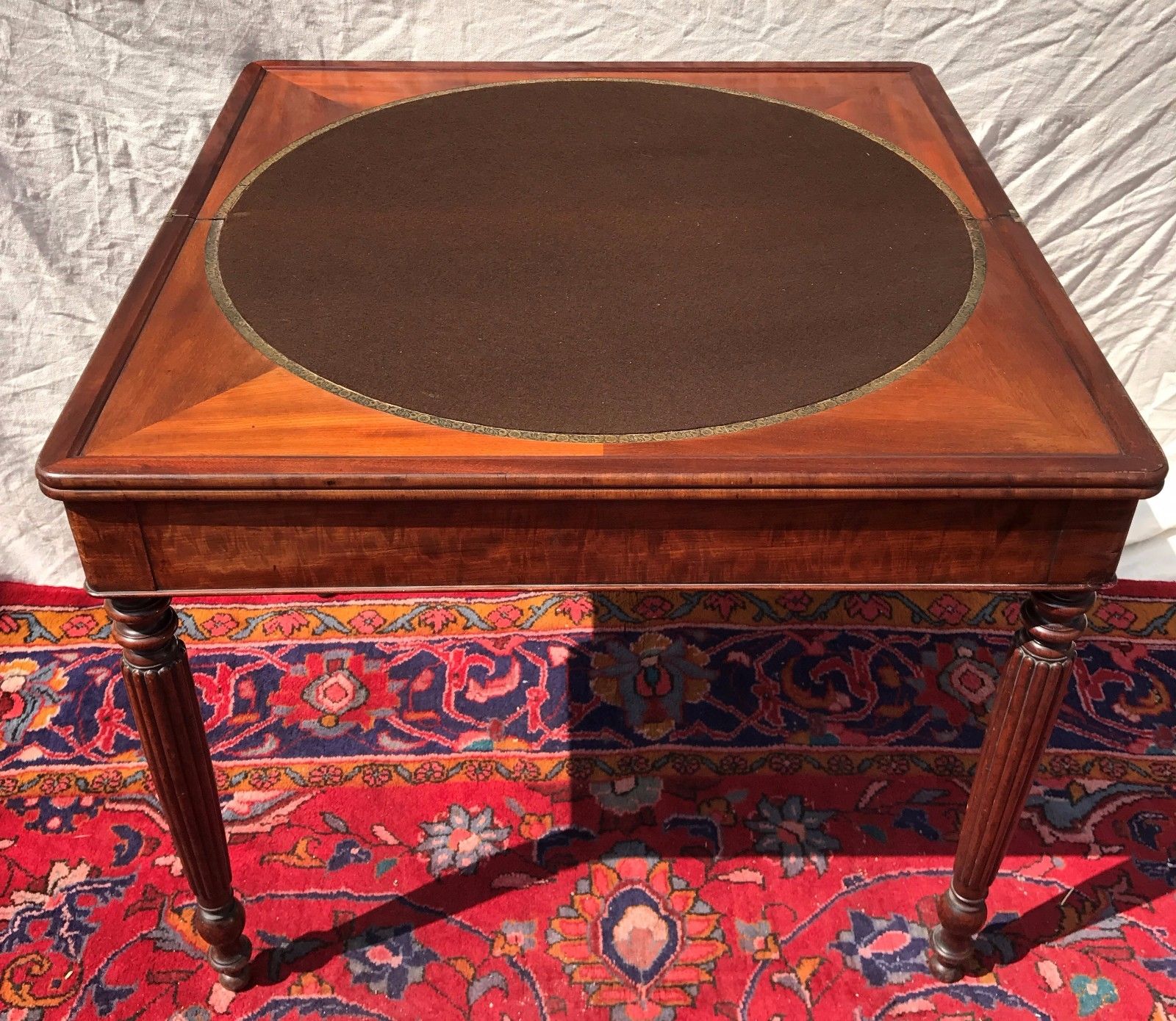 1810'S SHERATON CARD TABLE IN FIDDLEBACK MAHOGANY WITH HIDDEN DRAWER - Bay Colony Antiques Antiques:Furniture:Tables:1800 - 1899