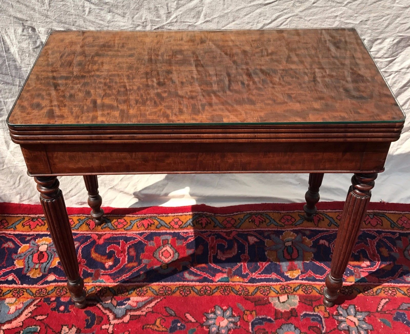 1810'S SHERATON CARD TABLE IN FIDDLEBACK MAHOGANY WITH HIDDEN DRAWER - Bay Colony Antiques Antiques:Furniture:Tables:1800 - 1899