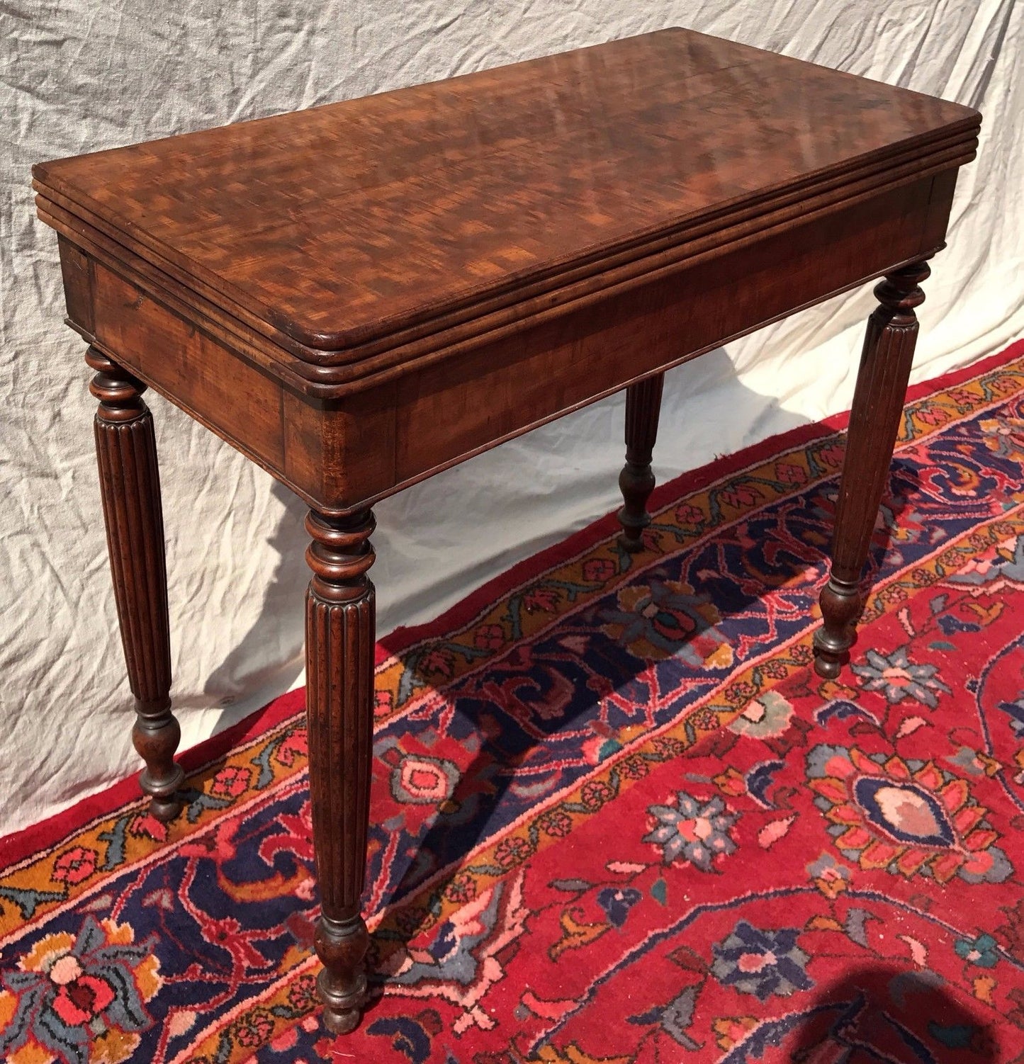 1810'S SHERATON CARD TABLE IN FIDDLEBACK MAHOGANY WITH HIDDEN DRAWER - Bay Colony Antiques Antiques:Furniture:Tables:1800 - 1899