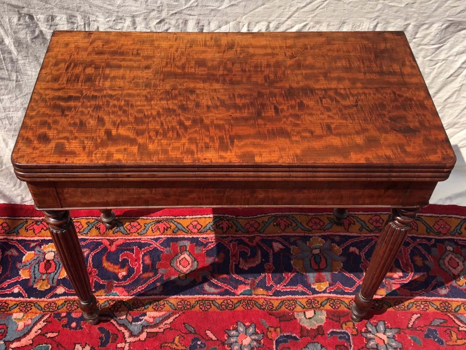 1810'S SHERATON CARD TABLE IN FIDDLEBACK MAHOGANY WITH HIDDEN DRAWER - Bay Colony Antiques Antiques:Furniture:Tables:1800 - 1899