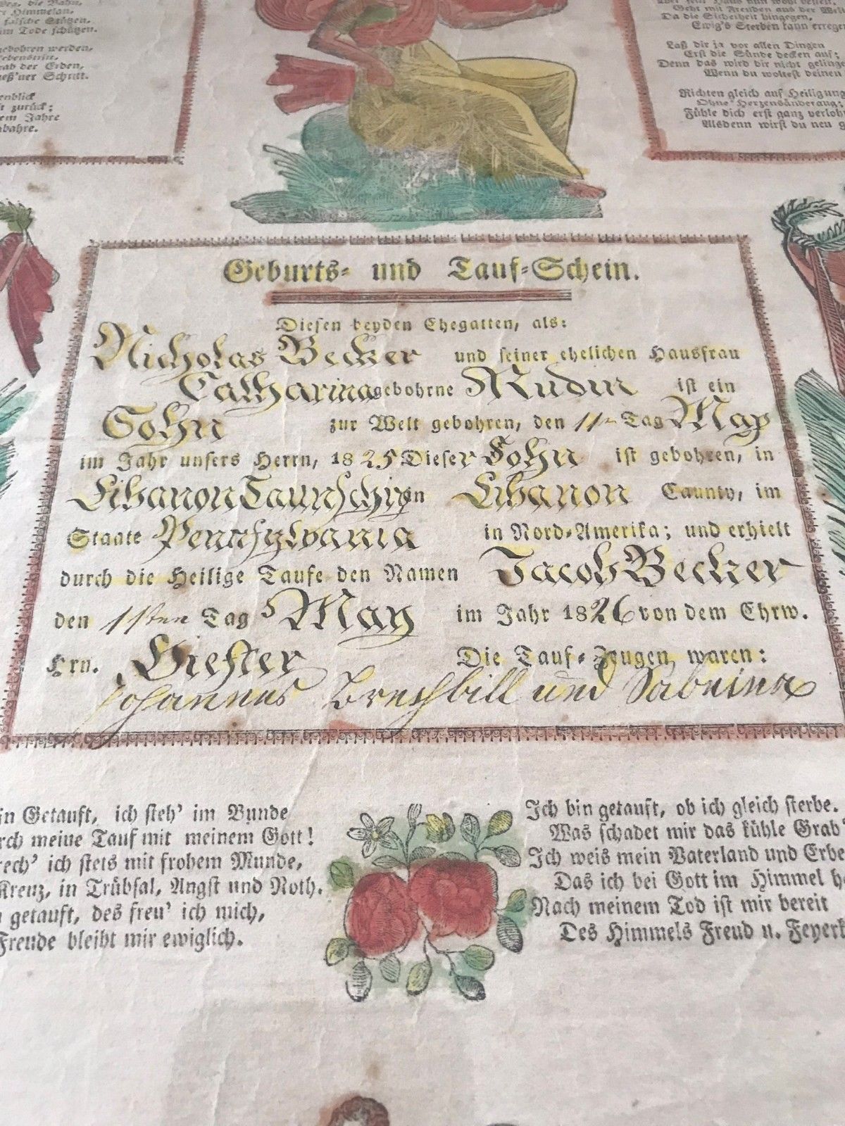 1826 PENNSYLVANIA DUTCH FRAKTUR OF JACOB BECKER - Bay Colony Antiques Antiques:Decorative Arts:Other Antique Decorative Arts