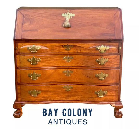 18th C Antique Boston Mahogany Chippendale Oxbow Desk W/ Ball & Claw Feet - Bay Colony Antiques Antiques:Furniture:Desks & Secretaries