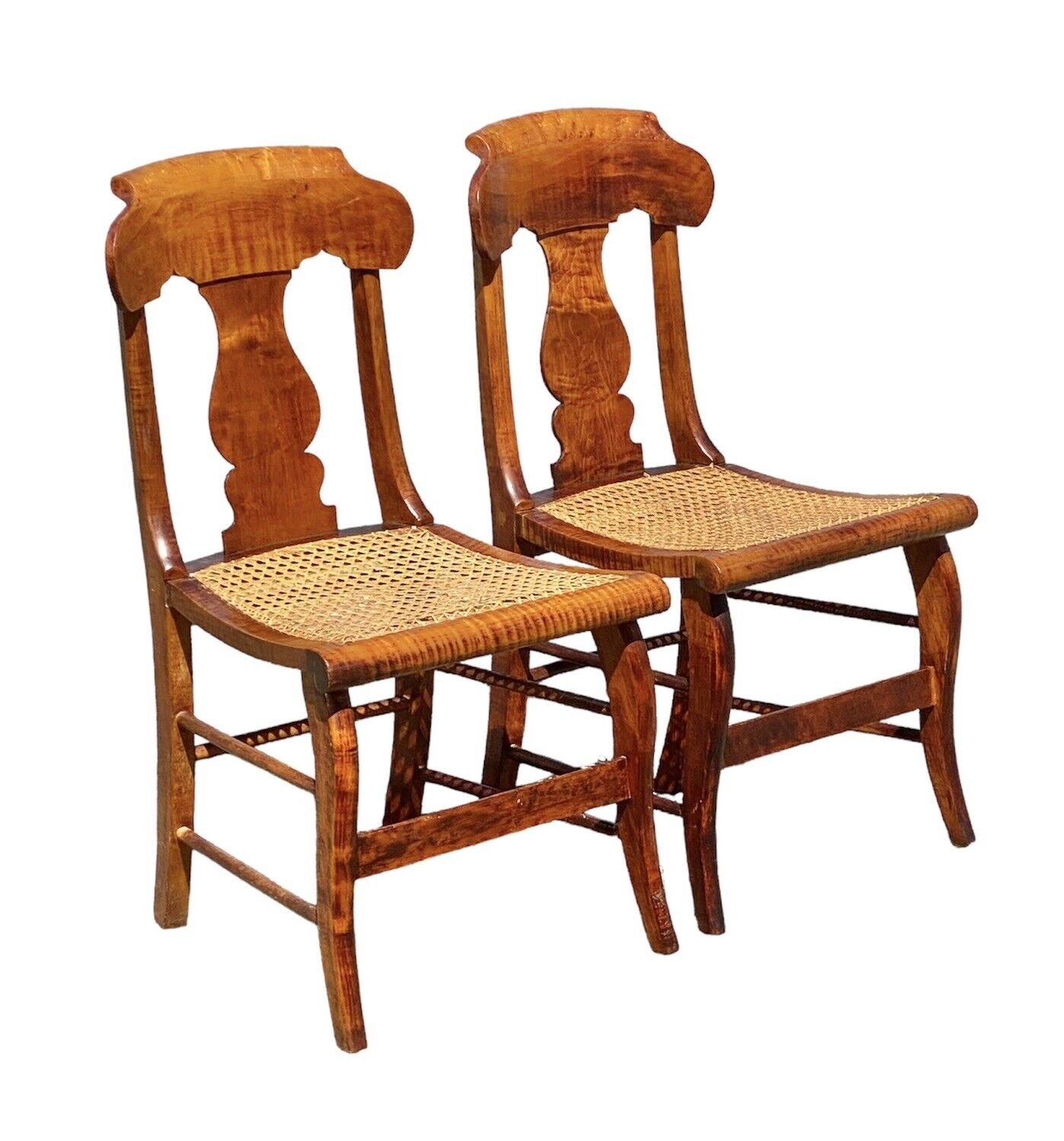 Antique Pair of Tiger Maple & Bird's Eye Maple Side Chairs with Cane Seats