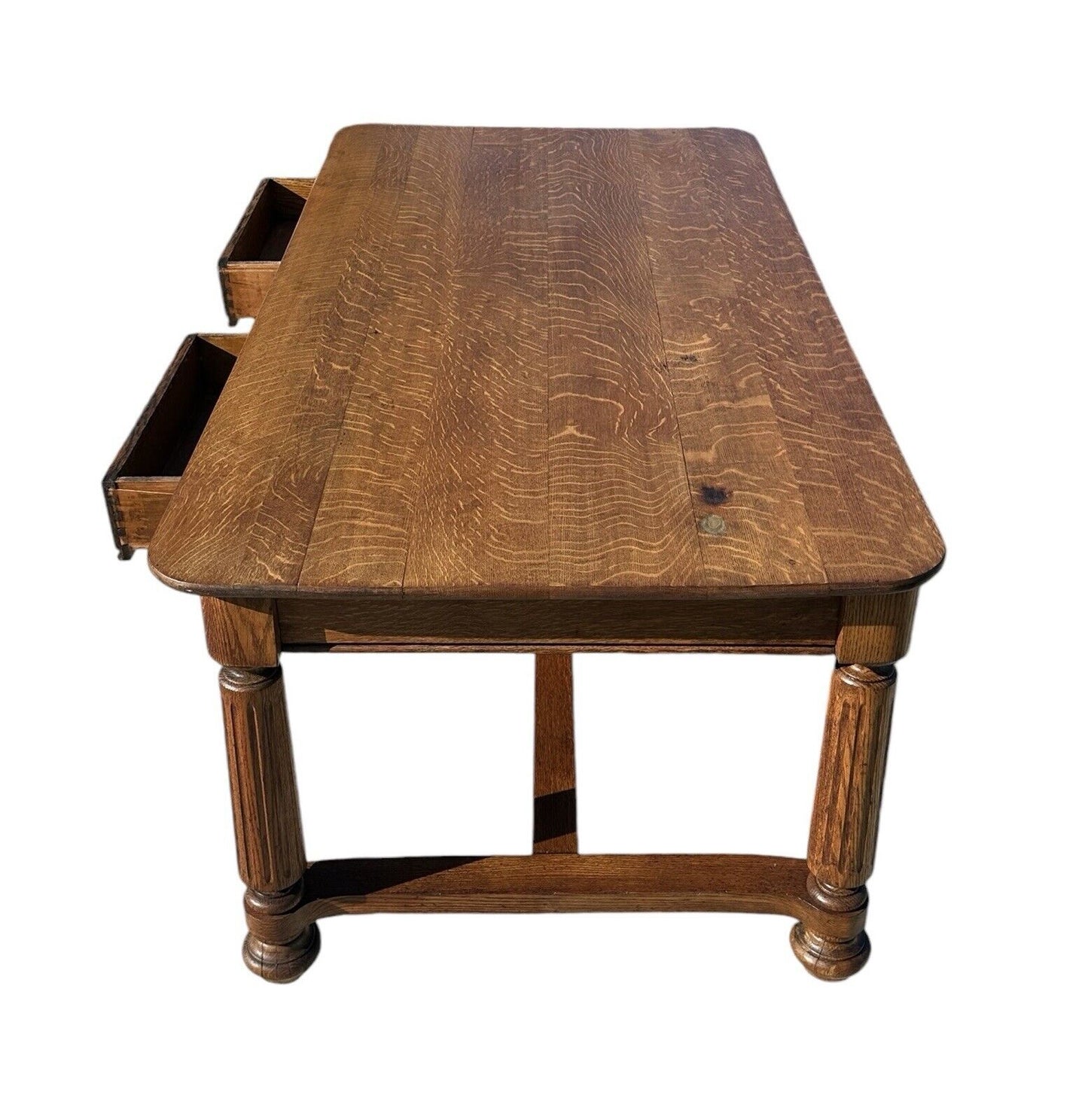 Antique Victorian Tiger Oak Library Table With Two Drawers - Six Feet Long