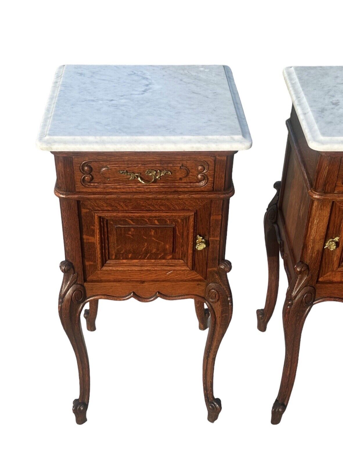 Pair of French Louis Xvi Style Carved Oak Marble Top Nightstands With Snail Feet