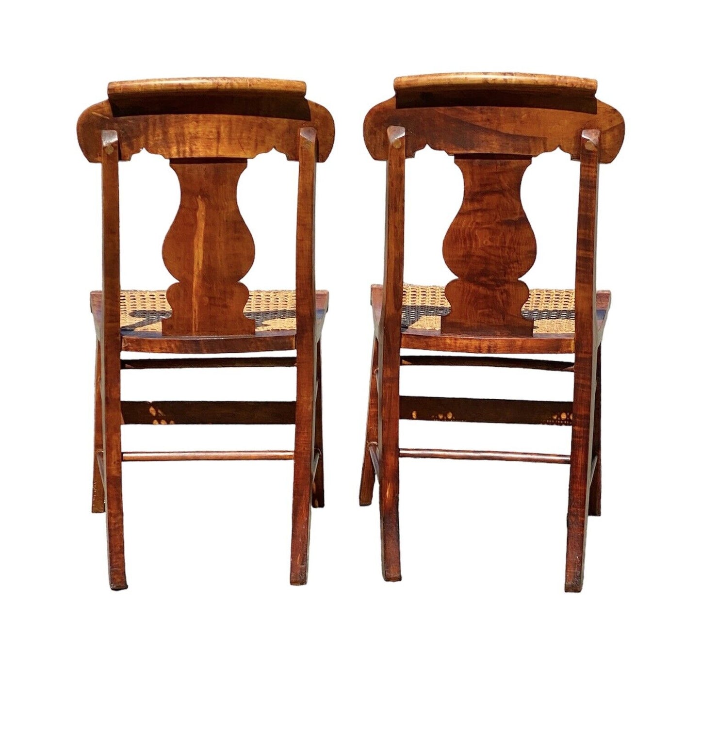 Antique Pair of Tiger Maple & Bird's Eye Maple Side Chairs with Cane Seats