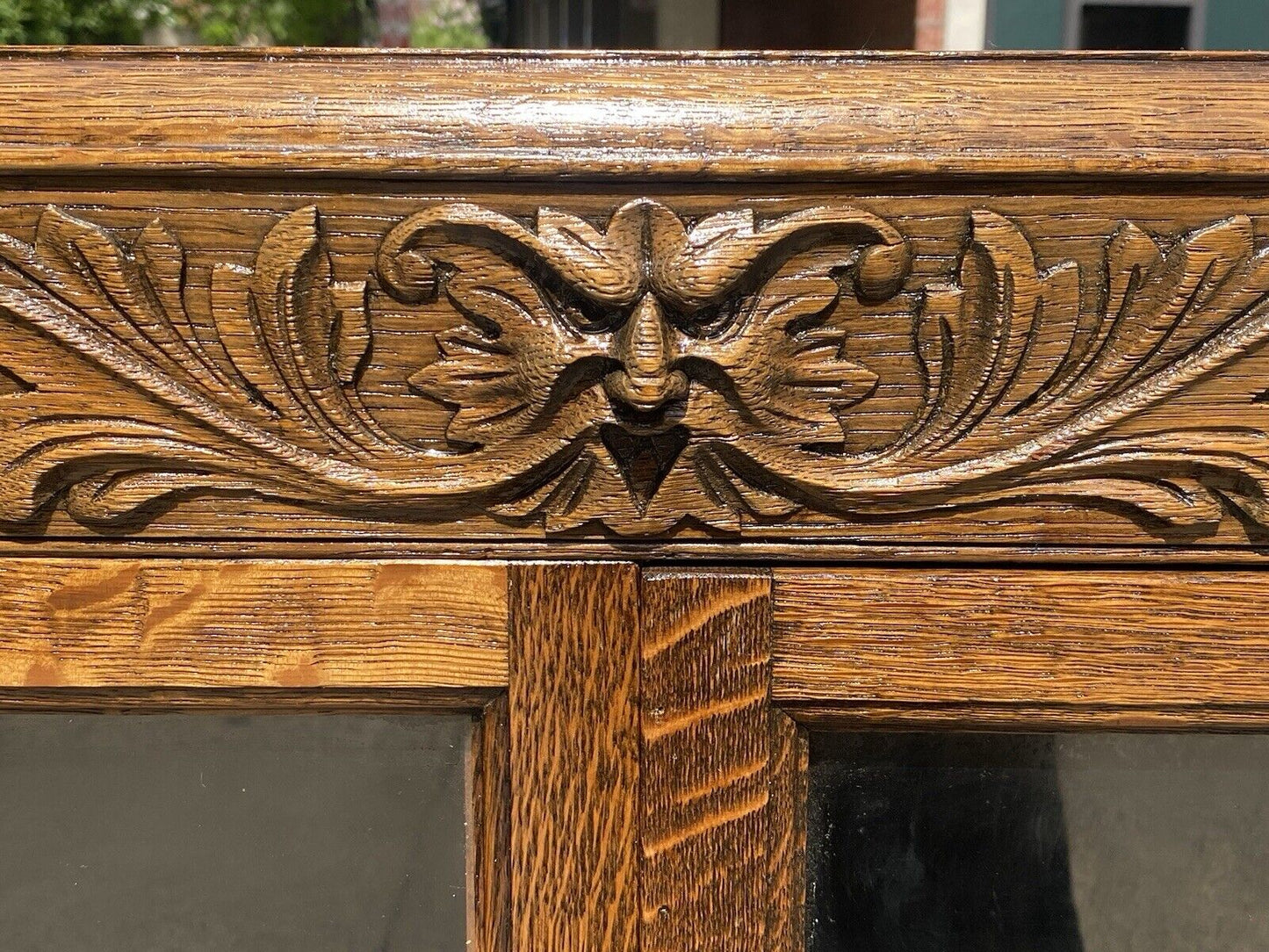 Antique Victorian Tiger Oak Double Door Bookcase With Grotesque Carved Frieze