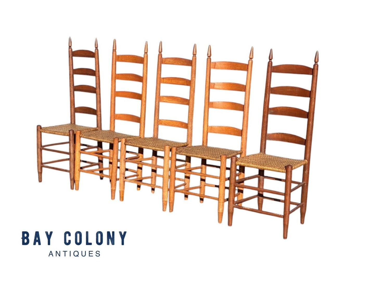 Vintage Set of 5 Country Primitive Ladderback Dining Chairs With Splint Seats