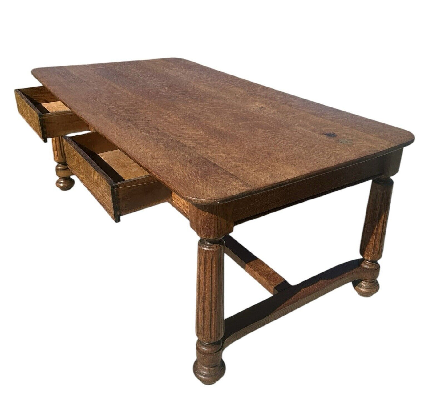 Antique Victorian Tiger Oak Library Table With Two Drawers - Six Feet Long