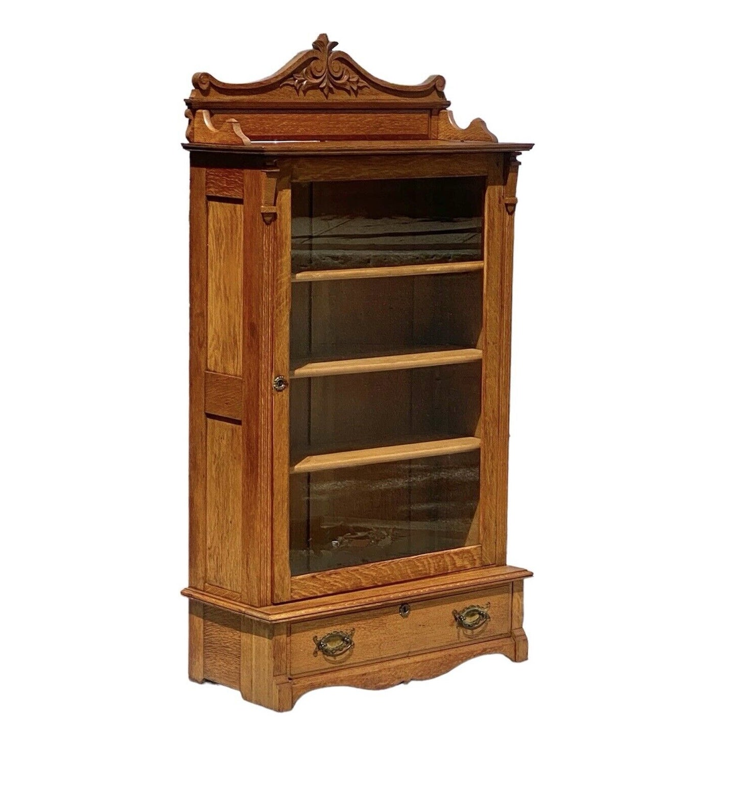 Antique Victorian Tiger Oak Single Door Bookcase / China Cabinet With Glass Door