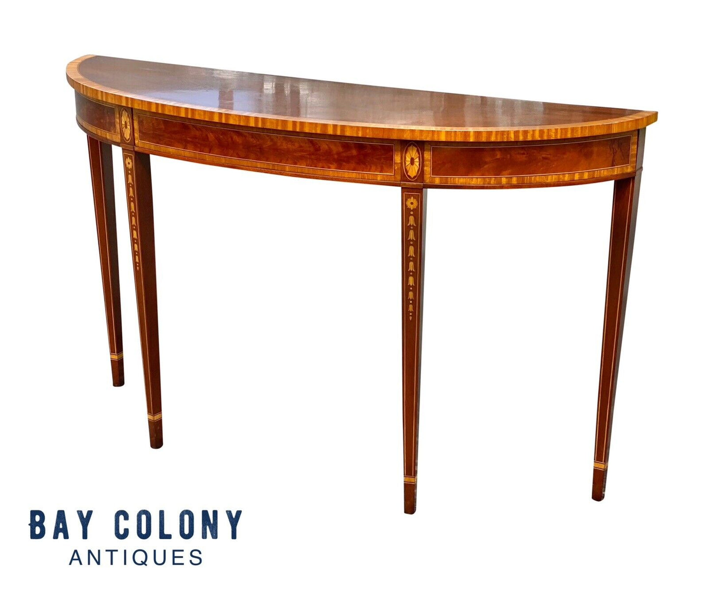 Mahogany & Satinwood Demilune Console Table / Sofa Table by Councill Craftsmen