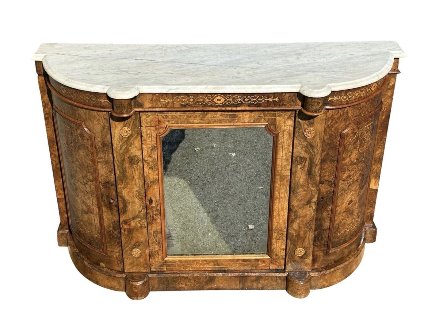 Victorian Burled Walnut & Marquetry Inlaid Marble Top Console With Mirrored Door