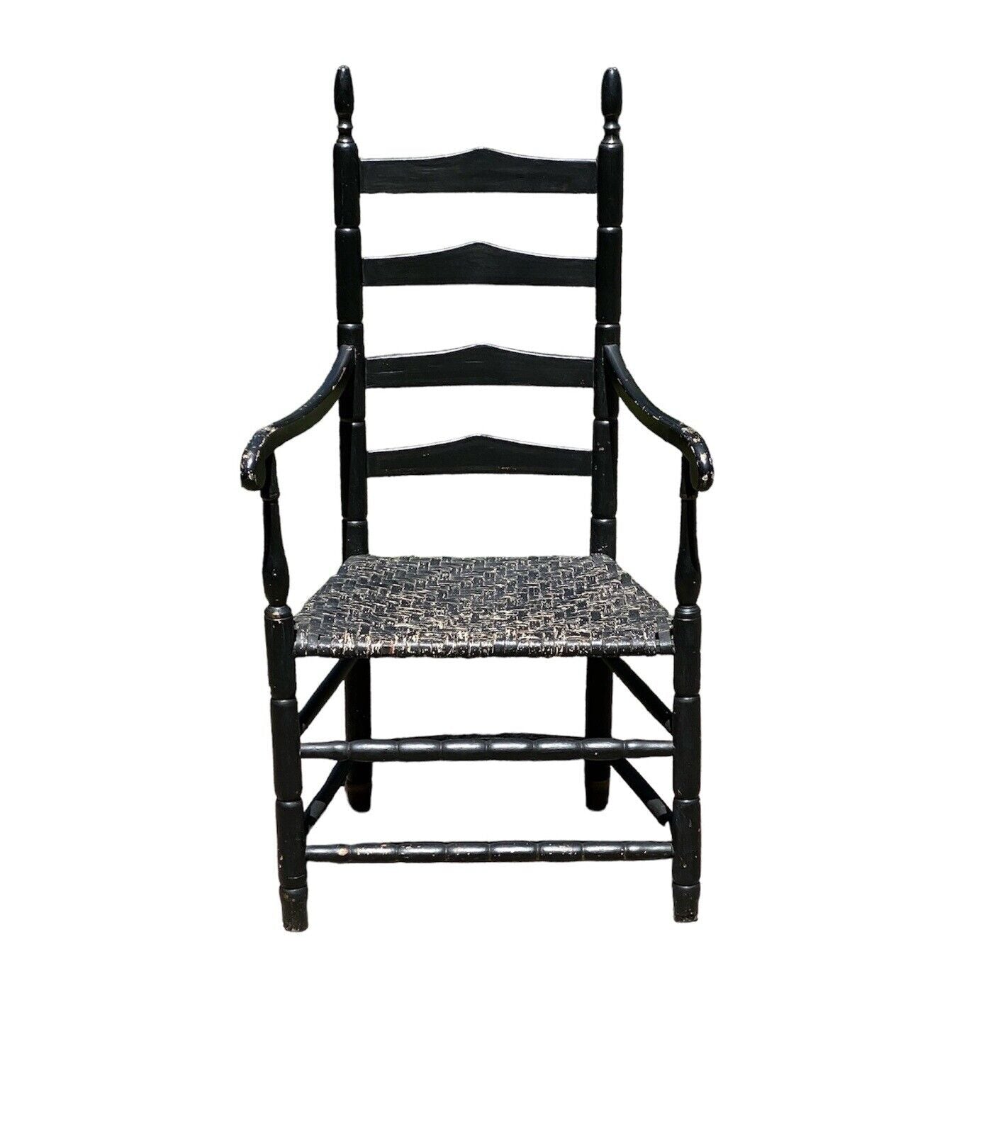 18th Century Antique Queen Anne Ladderback Chair in Black With Ram's Head Arms