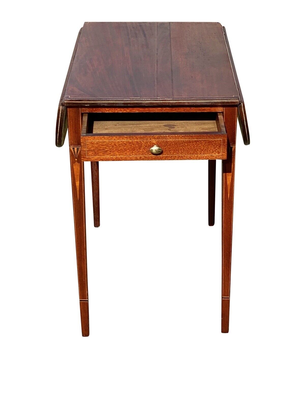 Antique Mahogany Drop Leaf Table with Drawer & Icicle Inlaid Legs