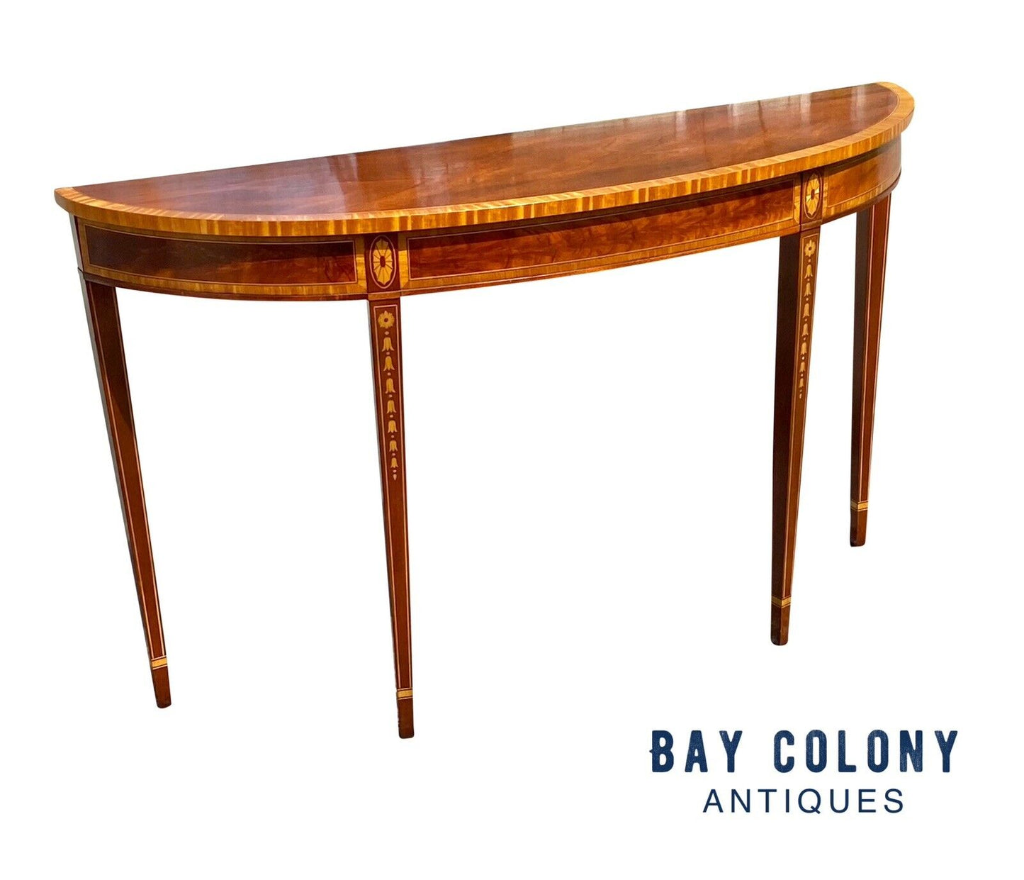 Mahogany & Satinwood Demilune Console Table / Sofa Table by Councill Craftsmen