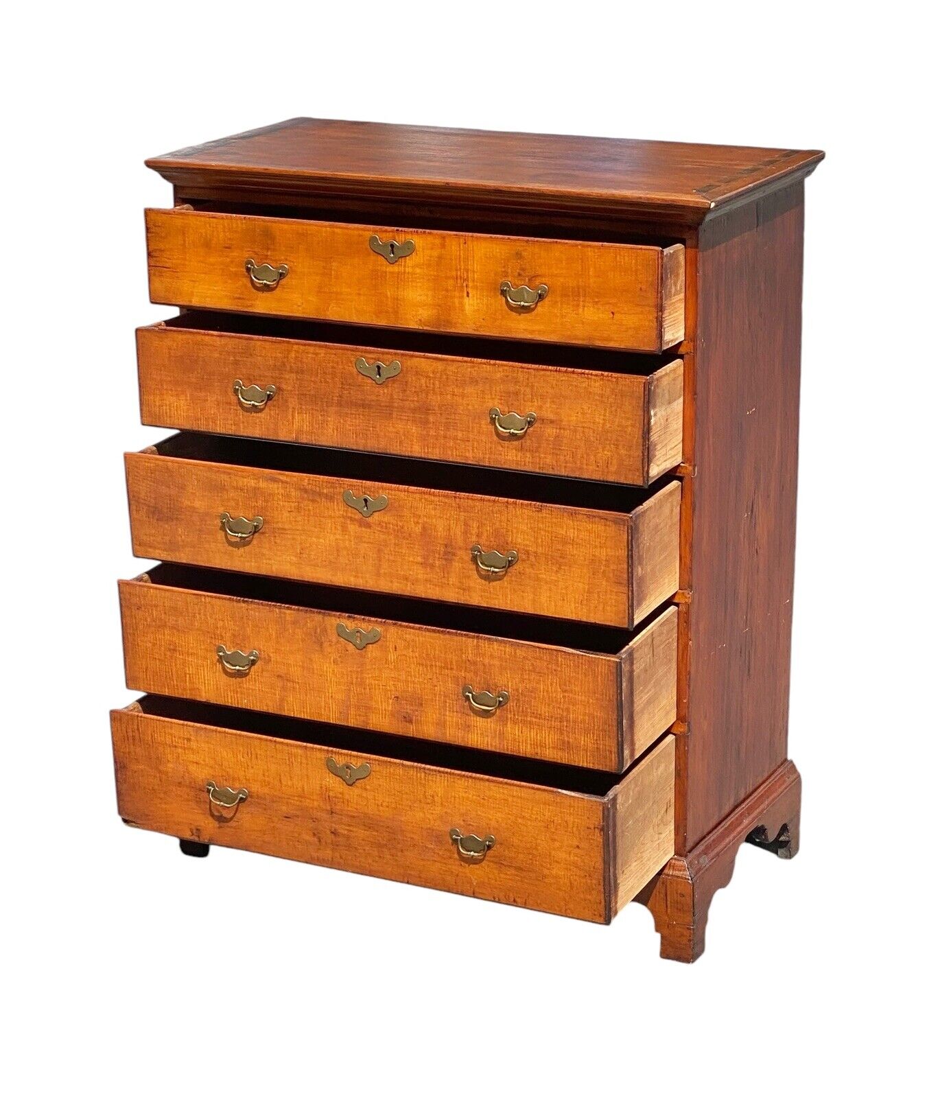 Antique New England Chippendale Tiger Maple Five Drawer Tall Chest Circa 1780