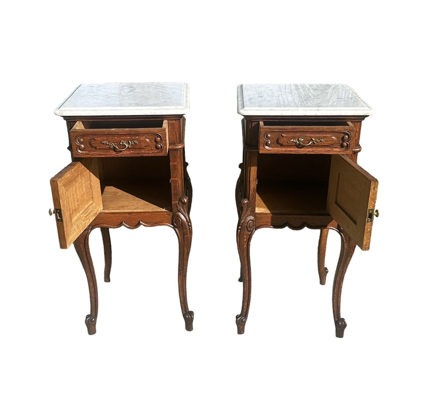 Pair of French Louis Xvi Style Carved Oak Marble Top Nightstands With Snail Feet