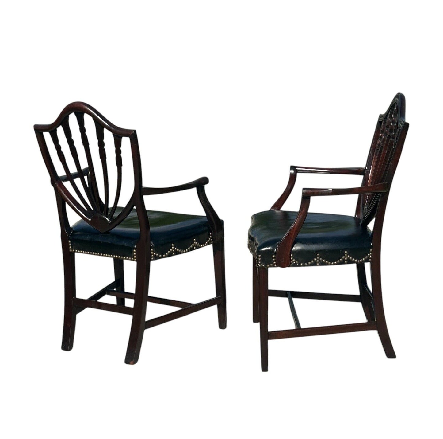 Pair of Antique Federal Style Mahogany Shieldback Arm Chairs With Leather Seats