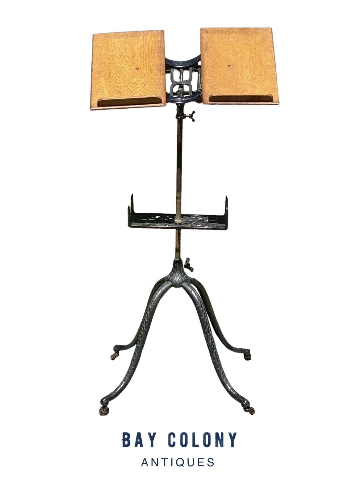 Antique Victorian Oak & Cast Iron Adjustable Dictionary Stand on Caster Wheels