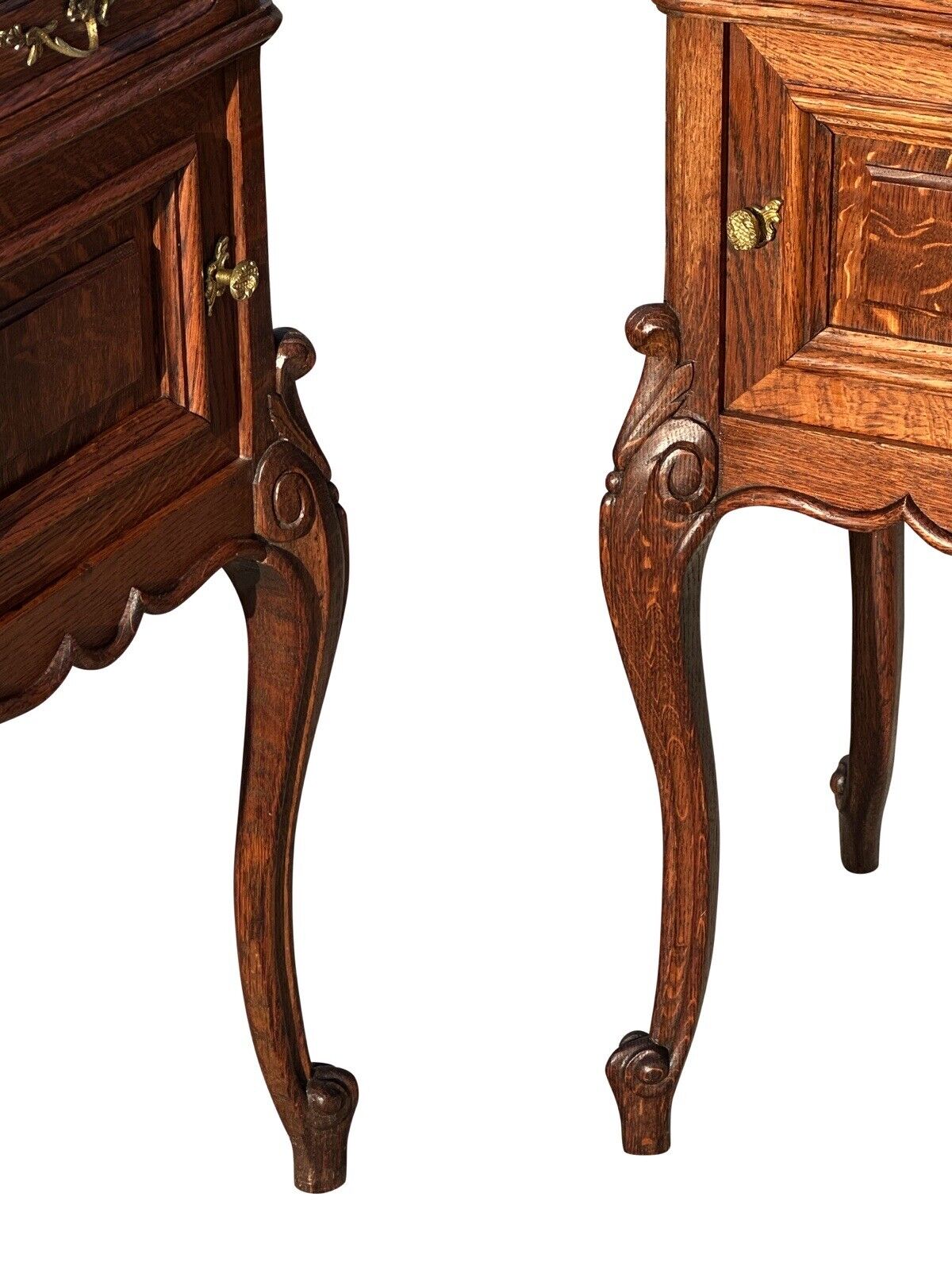 Pair of French Louis Xvi Style Carved Oak Marble Top Nightstands With Snail Feet