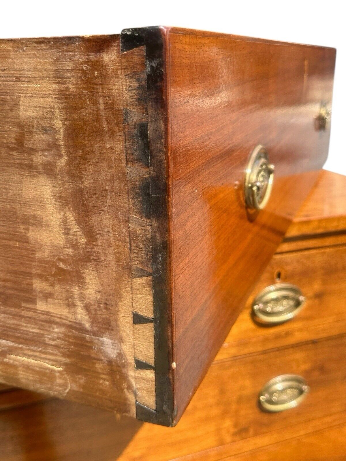 Antique Federal Southern Walnut Tall Chest With Barber Pole Inlay & Scrollwork