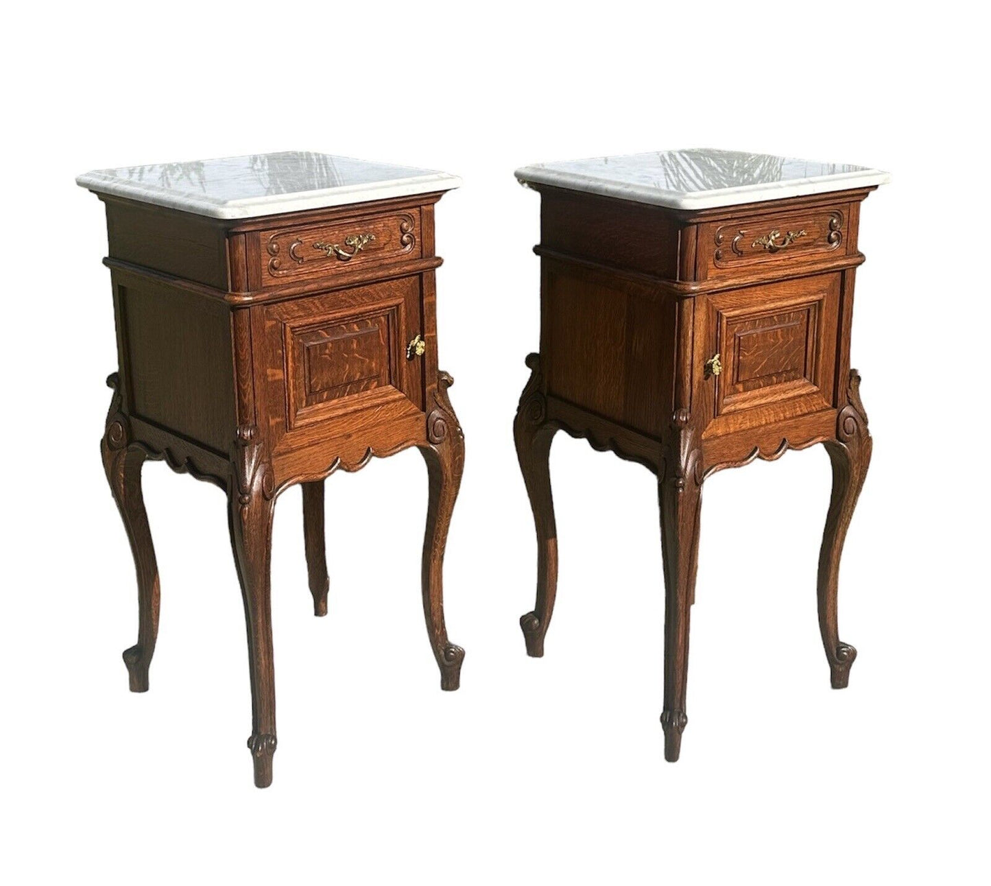 Pair of French Louis Xvi Style Carved Oak Marble Top Nightstands With Snail Feet