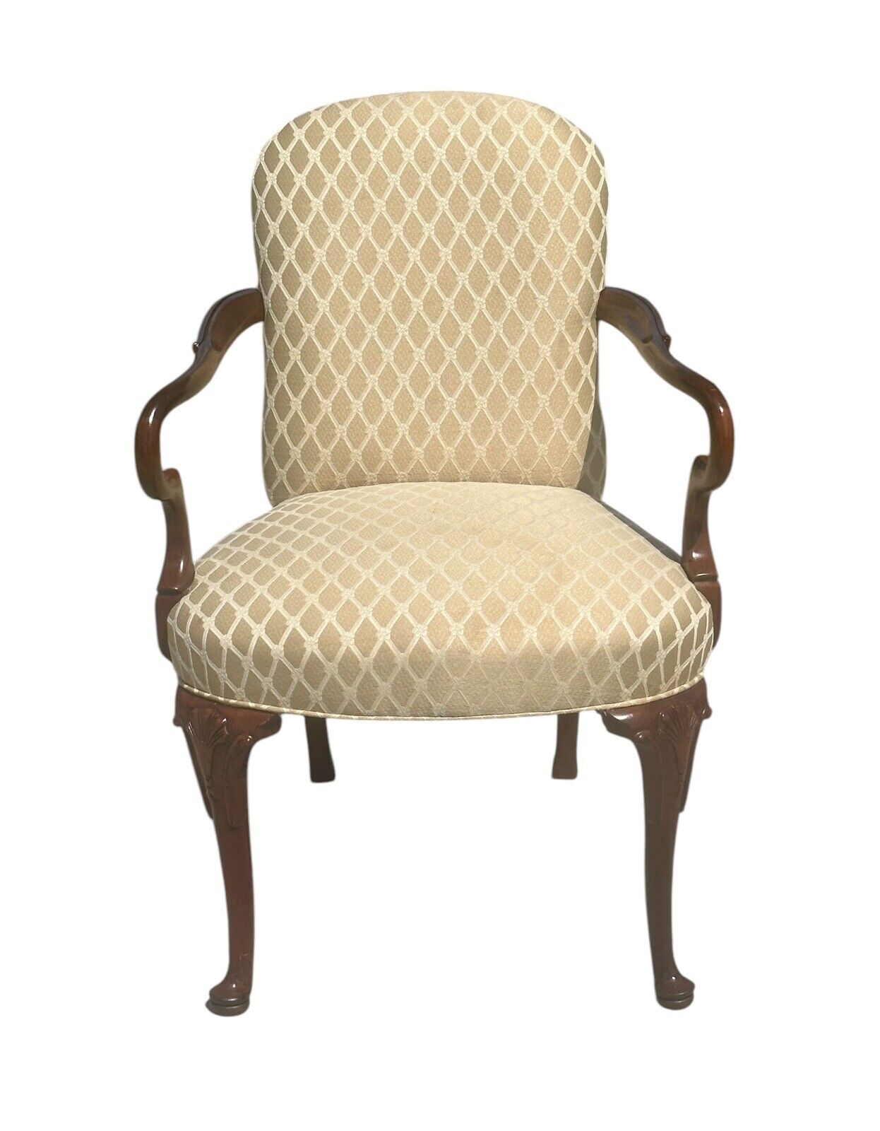 Pair of Georgian Style Cherry Shell Carved Embroidered Arm Chairs by Old Hickory