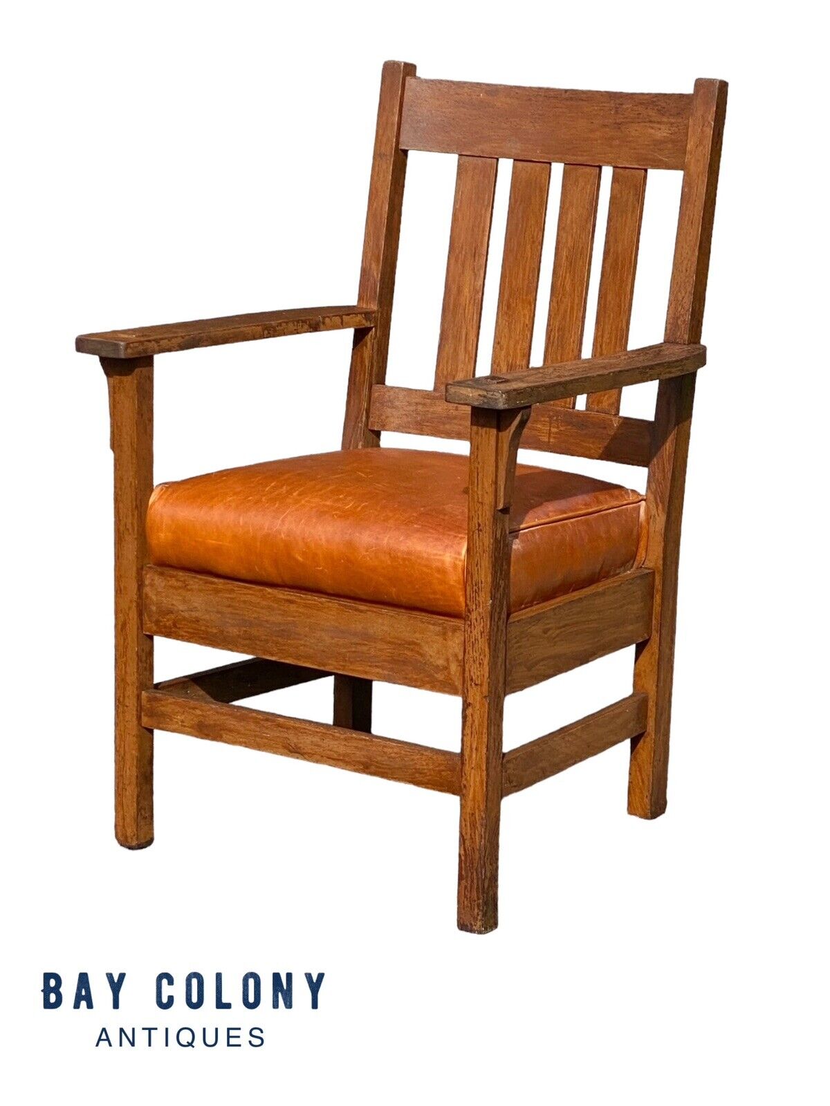 Antique Arts & Crafts Oak Armchair With Orange Leather Seat