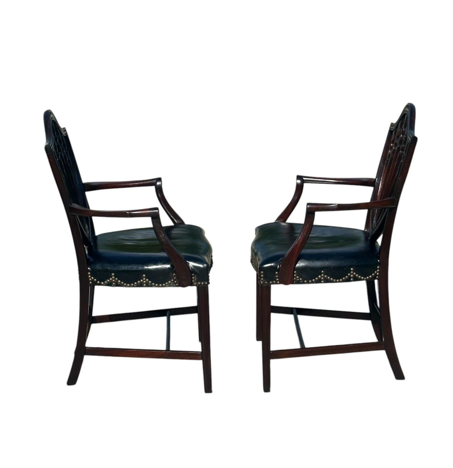 Pair of Antique Federal Style Mahogany Shieldback Arm Chairs With Leather Seats