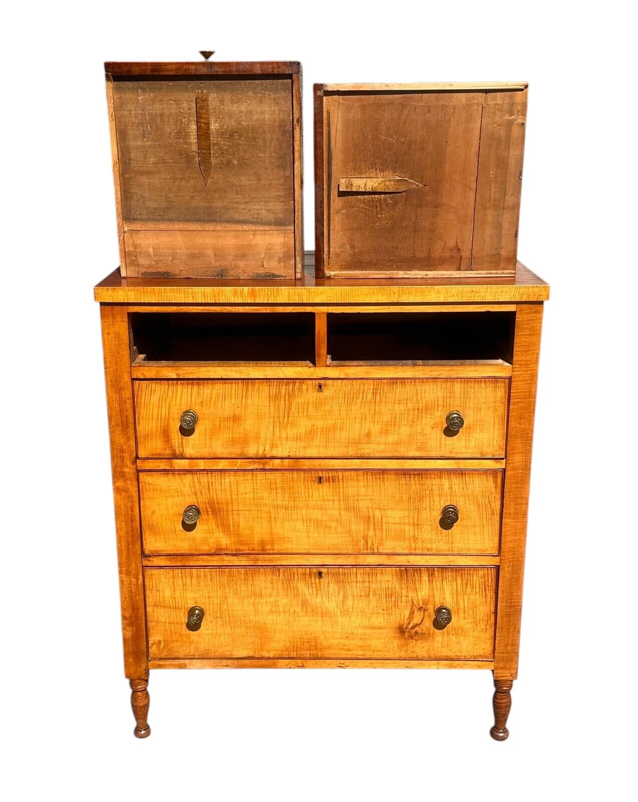 Antique Federal Period Tiger Maple Tall Chest With Secret Locking Drawer Feature