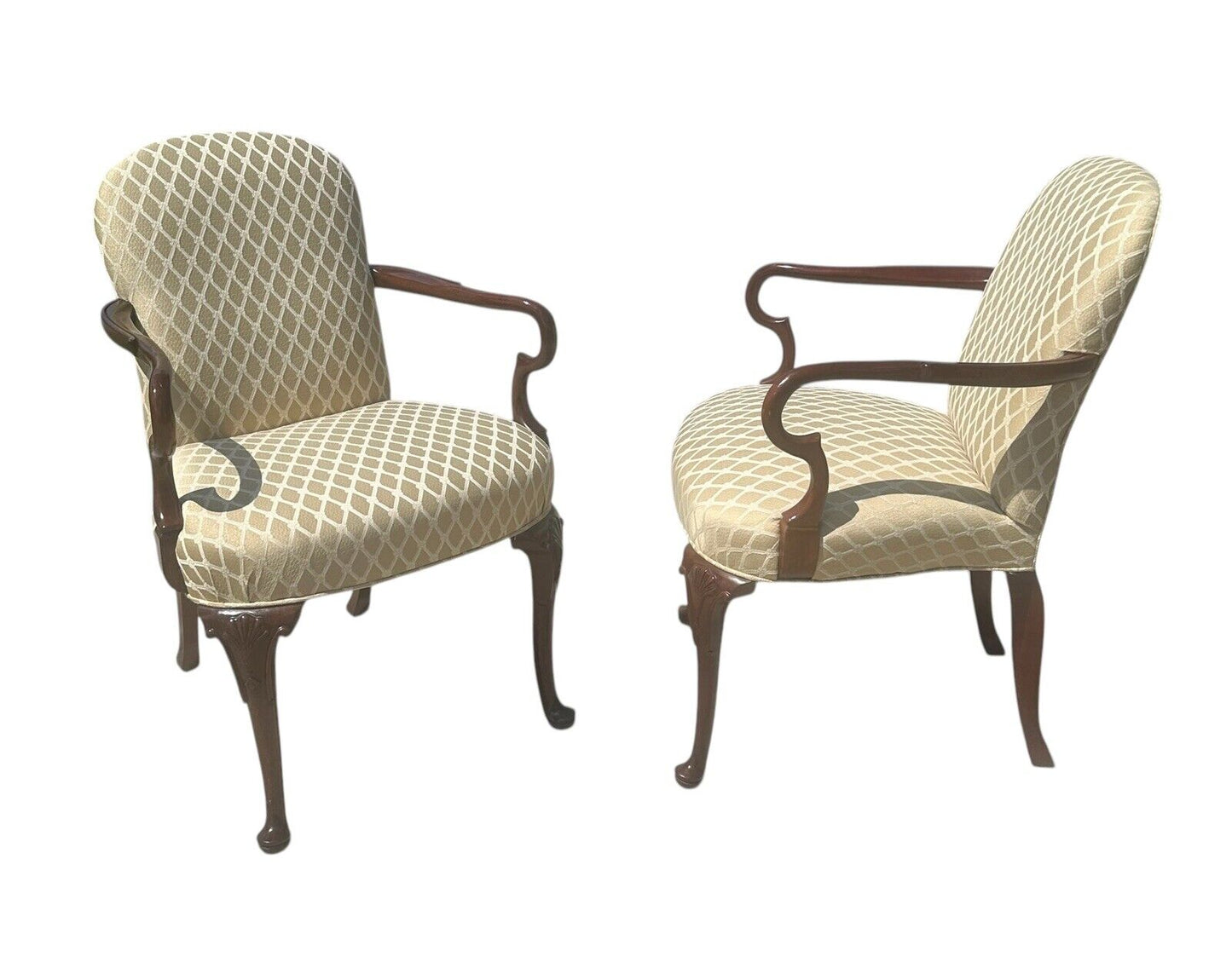 Pair of Georgian Style Cherry Shell Carved Embroidered Arm Chairs by Old Hickory