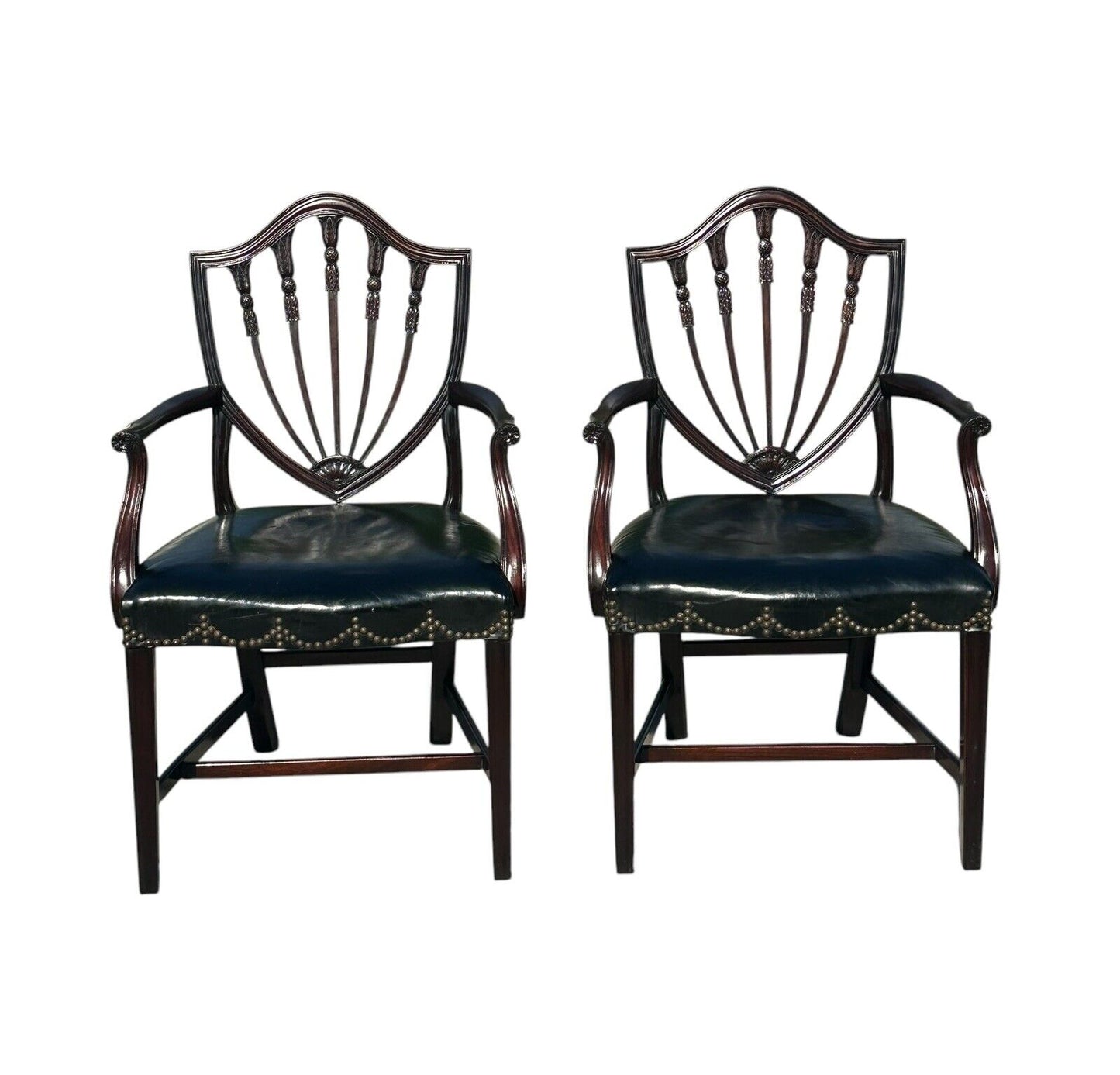 Pair of Antique Federal Style Mahogany Shieldback Arm Chairs With Leather Seats