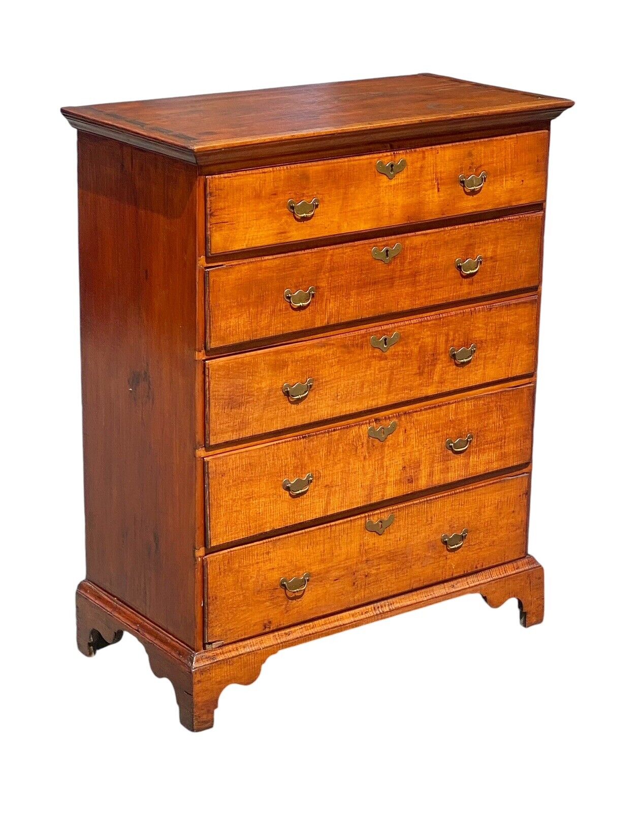 Antique New England Chippendale Tiger Maple Five Drawer Tall Chest Circa 1780