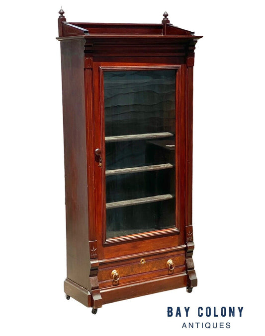 Antique Victorian Bookcase / China Cabinet with Glass Door & Freemason Carvings