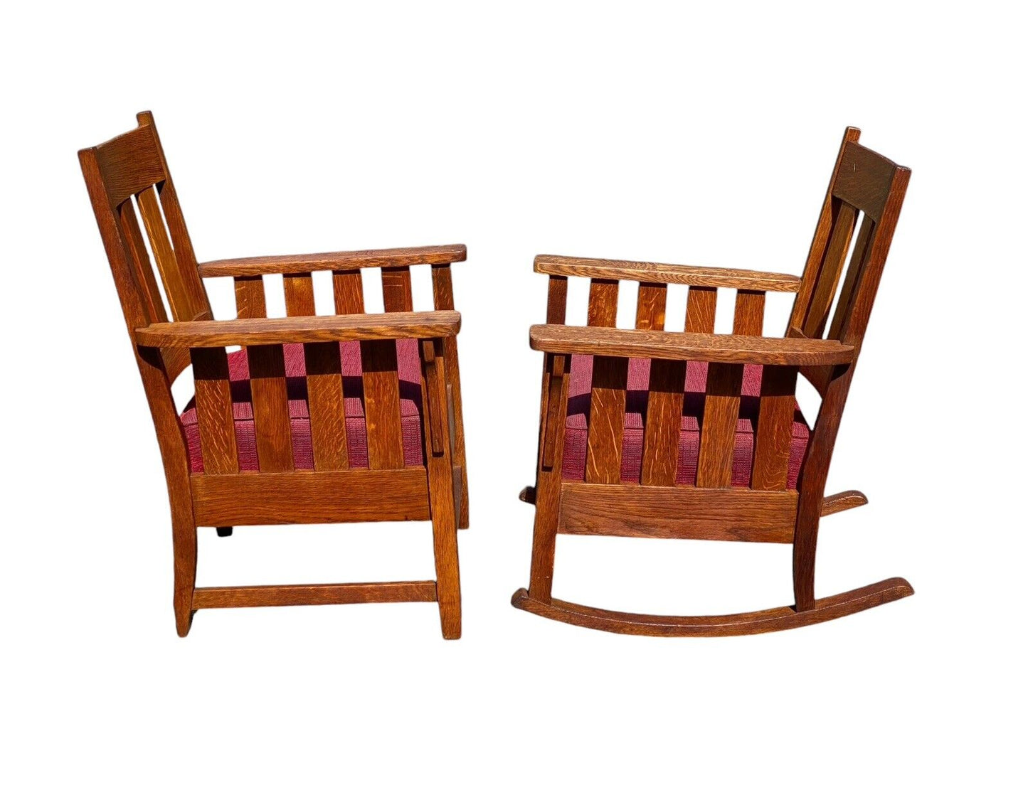 Pair of Antique Arts & Crafts Mission Oak Arm Chairs With Matching Footstool