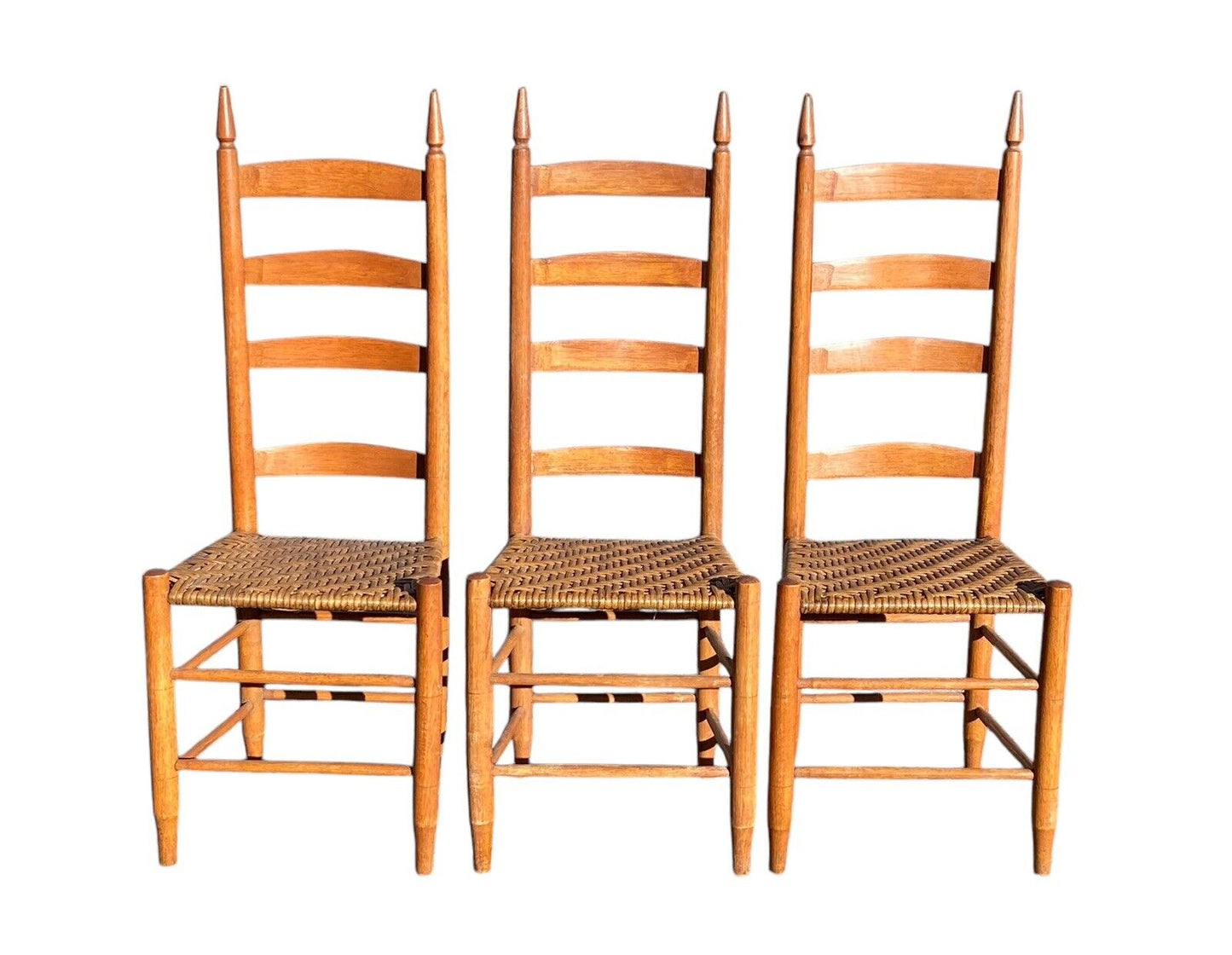 Vintage Set of 5 Country Primitive Ladderback Dining Chairs With Splint Seats