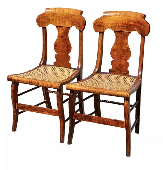 Antique Pair of Tiger Maple & Bird's Eye Maple Side Chairs with Cane Seats
