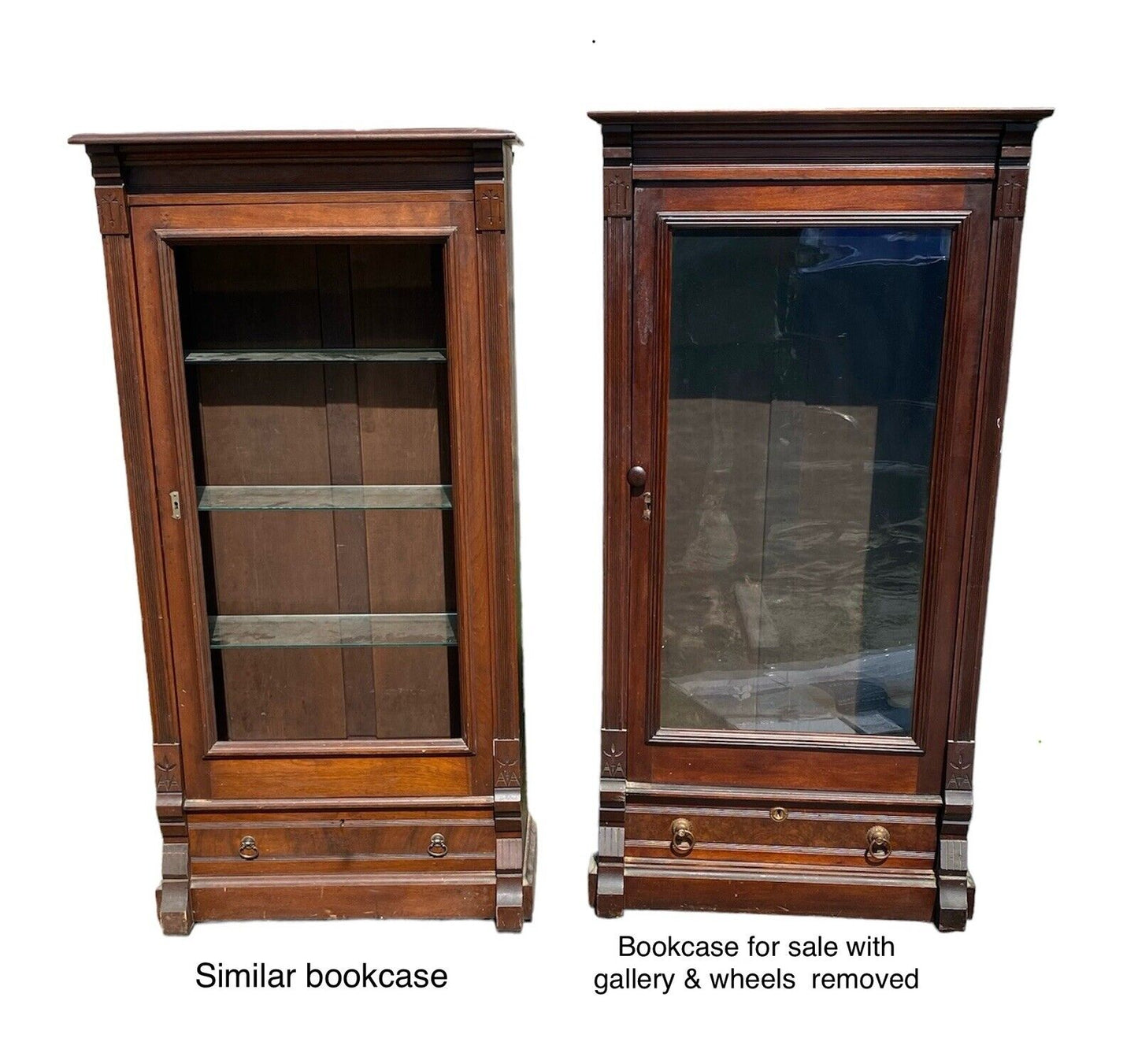 Antique Victorian Bookcase / China Cabinet with Glass Door & Freemason Carvings